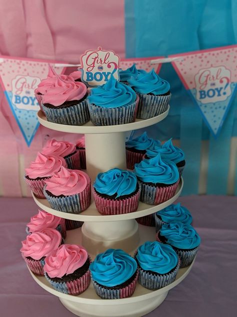 Gender Reveal Party cupcakes *dessert table, pink and blue Gender Party Desserts, Cupcakes For Gender Reveal, Cupcakes For Gender Reveal Party, Dessert Table Gender Reveal, Pink And Blue Gender Reveal, Cupcake Gender Reveal, Pink And Blue Cupcakes, Pink And Blue Gender Reveal Decorations, Gender Reveal Cupcake Ideas