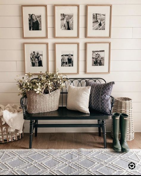 Bench Front Entryway, Front Entrance Bench Decor, Black Farmhouse Bench Entryway, Black Bench In Entryway, Entry Bench With Pictures Above, Bench Area In Living Room, Bench Under Photo Wall, Front Porch Bench Styling, Entryway Pillows Entry Bench