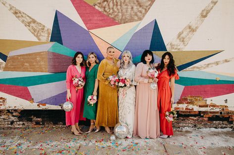 rainbow bridesmaid dresses Rainbow Bridesmaid Dresses, Diy Leather Jacket, Colorful Bridesmaids, Rainbow Bridesmaids, Ceiling Streamers, Asos Wedding, Wedding Cake Ombre, Leap Day, Mismatched Bridesmaid Dresses