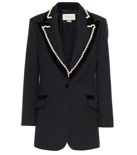 Gucci - Pearl-trimmed wool blazer | mytheresa.com Gucci Clothing, Black Leather Messenger Bag, Lux Fashion, Formal Coat, Gucci Jacket, Houndstooth Jacket, Diy Jacket, Velvet Trim, Fashion Pieces