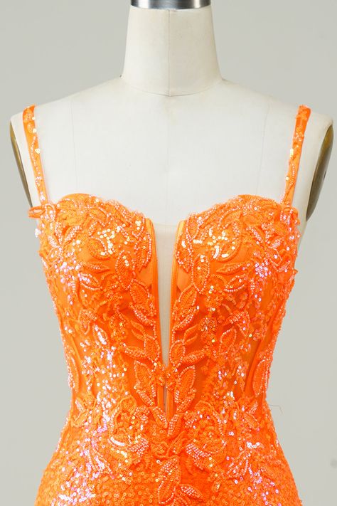 Orange Hoco Dress, Orange Spaghetti, Hoco Dress Ideas, Orange Homecoming Dresses, Teal Cocktail Dress, Hoco Inspo, Orange Prom Dresses, Hoco Ideas, Fancy Short Dresses