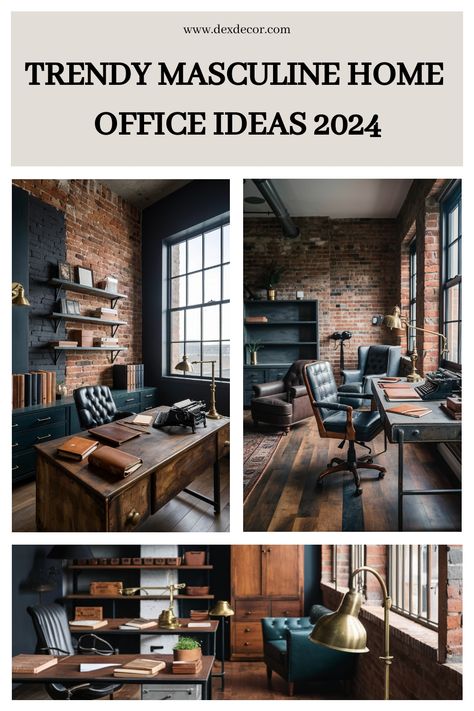 Trendy masculine home office ideas for 2024 with industrial decor, leather furniture, and exposed brick walls. Office Whiskey Room, Industrial Style Interior Design Office, Blue Masculine Office, Mens Home Office Inspiration, Guy Office Ideas, Office And Man Cave Combo, Industrial Office Decor Ideas, Vintage Office Ideas For Men, Finance Office Interior Design