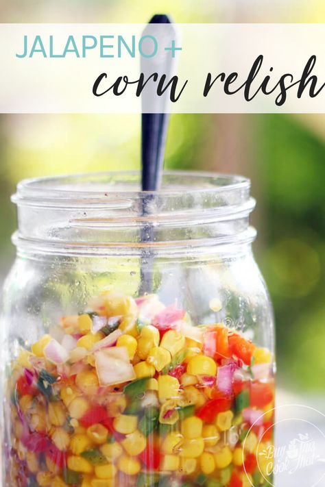 This Sweet Hot Jalapeno Corn Relish is a perfect pop of sweet meets spicy. Serve with chips, cornbread, or main course. #relish #cornrecipe Jalapeno Corn Relish, Mexican Relish, Pickle Veggies, Corn Relish Recipes, Corn Relish, Spicy Corn, Relish Recipes, Fermentation Recipes, Diy Cooking