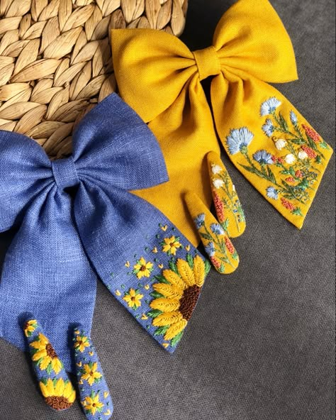 Sunflower Scrunchie, Embroidery Bows Hair Clips, Hair Accessories Diy Headband, Hair Bows Diy Ribbon, Embroidered Hair Bows, Diy Hair Accessories Ribbon, Simple Hand Embroidery Patterns, Clothes Embroidery Diy, Diy Embroidery Designs