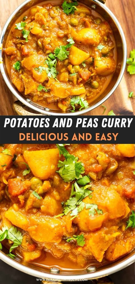 Easy and quick Instant Pot aloo matar curry (Potatoes and peas). Made with simple pantry ingredients, for beginners. Delicious, easy curry for the family! #vegan #vegetarian #restaurant #style #curry #indian #recipe #potatoes #peas #authentic #cashew #dinner #lunch #orange #tomato #onion #gravy #delish Aloo Mutter Recipe Indian, Persian Potato Curry, Indian Potatoes And Peas, Vegetarian Curries Indian, Curry For Beginners, Instant Pot Potato Curry, Potatoe Curry Indian Style, Instant Pot Indian Recipes Vegetarian, Beginner Indian Recipes