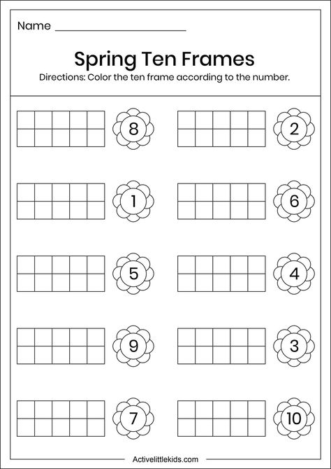 Ten Frame Worksheet, Ten Frames Printable Free, March Worksheets, Spring Kindergarten Activities, Spring Math Worksheets, Spring Worksheets, Math Worksheets For Kids, Ten Frames Kindergarten, Eyfs Maths