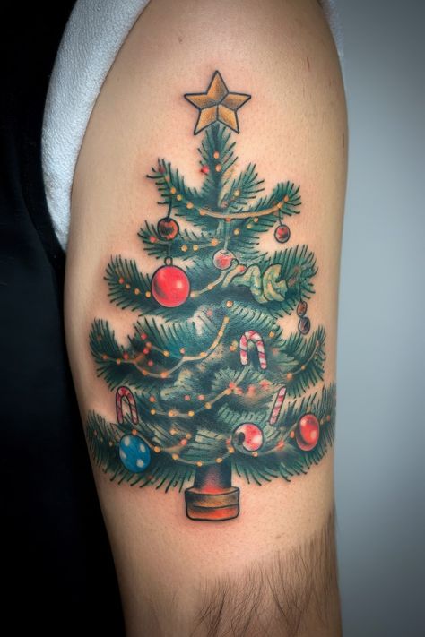 11 Heartwarming Christmas Tree Tattoo Ideas to Celebrate the Holiday Spirit Xmas Tree Tattoo, Christmas Tattoos For Women, Small Christmas Tattoos, Reindeer Tattoo, Tree Tattoo Black, Christmas Tree Tattoo, Christmas Tattoo Ideas, Christmas Tattoos, Tree Tattoo Ideas