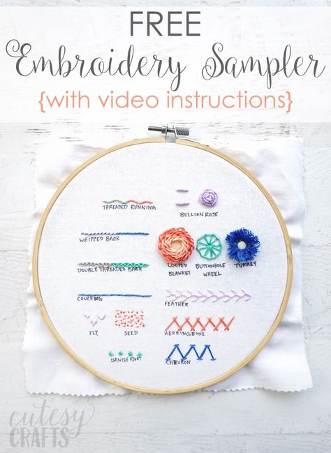 Embroidery Stitch Sampler 2 Pattern - Cutesy Crafts Embroidery Stitch Sampler, 심플한 그림, Embroidery Stitches Beginner, Advanced Embroidery, Stitch Sampler, Embroidery Sampler, Embroidery Stitch, Basic Embroidery Stitches, Embroidery Stitches Tutorial