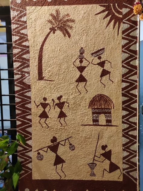 Warli painting on wall Terrace decoration ideas Warli Art On Wall, Terrace Wall Painting Ideas, Warli Painting On Wall, Warli Painting Ideas On Wall, Warli Wall Painting, Terrace Decoration Ideas, Terrace Decoration, Warli Paintings, Painting On Wall