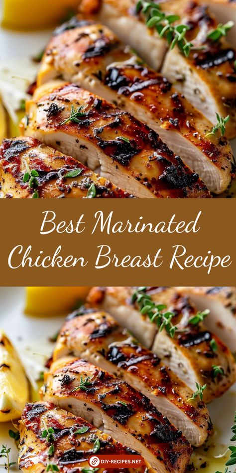 Discover the best marinated chicken breast recipe. Olive oil, garlic, and herbs make these grilled chicken breasts incredibly tasty and juicy. Marinated Chicken Recipes Baked, Marinate Chicken Recipes, Chicken Breast Marinade Recipes Baked, Chicken Marinades Recipes, Breast Chicken Recipes Healthy, Chicken Marinated Recipe, Chicken Breast Marinade For The Grill, Chicken Breast Grill Recipes, Grilled Chicken Breast Recipes Boneless