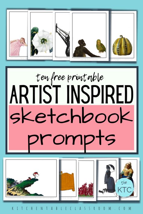 Artist Inspired Sketchbook Prompts for Kids - The Kitchen Table Classroom Sketchbook Prompts For Kids, Sketchbook Assignments Middle School, High School Sketchbook Prompts, Middle School Sketchbook Prompts, Sketch Book Prompts, Artist Inspired Art, Sketch Prompts, Art Syllabus, Highschool Art