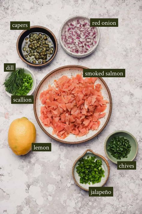 An easy-to-prep smoked salmon salad that comes together in minutes! Combine chopped smoked salmon with red onion, jalapeño, capers, scallions, lemon, and dill, then season with extra virgin olive oil and a pinch of Kosher salt. Serve for breakfast or brunch with crackers, crudité, or piled high on a bagel with cream cheese! GF, DF #wellseasonedstudio #smokedsalmon #salmonsalad #bagelandlox Smoked Salmon On Crackers, Smoked Salmon Roll Ups, What To Do With Smoked Salmon, Smoked Salmon Snacks, Recipes With Smoked Salmon, Salmon Egg Salad, Smoked Salmon Salad Recipes, Salad With Smoked Salmon, Canned Salmon Salad