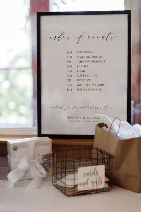 A beautiful way to set up Order of events for your wedding. Order Of Events Wedding, Order Of Events Sign, Gresham Oregon, Order Of Events, Signing Table Wedding, Wedding Order, Table Signs, Farm Wedding, Wedding Stuff