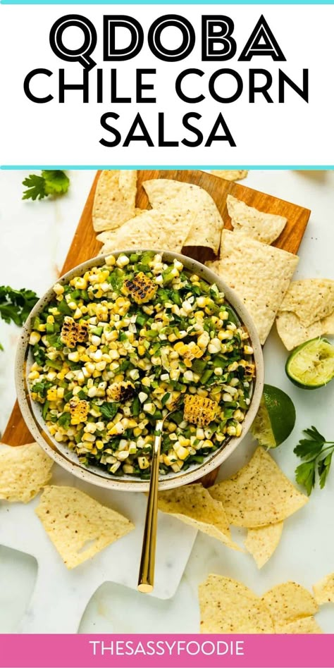 This chile corn salsa is a Qdoba copycat recipe, perfect to top your homemade burrito bowls, or to serve with fresh tomato pico de gallo and chips! Fresh, sweet corn is charred to perfection with smokey poblano peppers. The right amount of spice, zesty lime and salt bring this delicious corn salsa together, just like the restaurant version! Qdoba Burrito Bowl Recipe, Chili Corn Salsa, Pico Recipe, Corn Salsa Recipe, Corn Relish, Burrito Bowls Recipe, Salsa Fresca, Poblano Peppers, Burrito Bowls