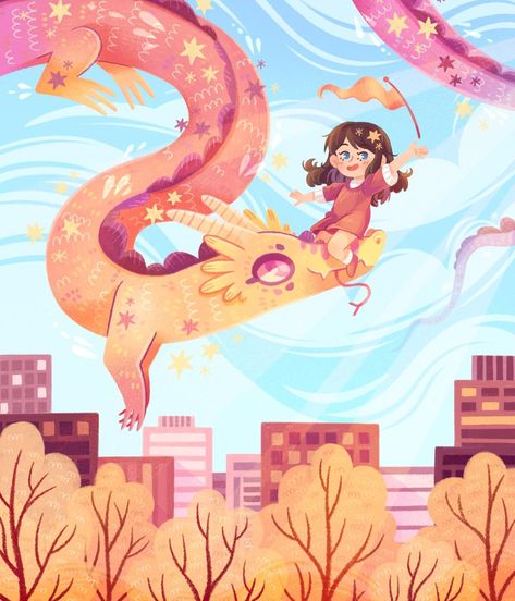 Dragon Ride! ✨Here’s an illustration from a while ago when I was doing a lot of portfolio stuff, I’m pretty happy with how this one turned… | Instagram Magical Book Illustration, Dragon Year Illustration, Cny Illustration, Dragon Soup, Illustration Step By Step, Book Imagination, Riding Dragon, Riding A Dragon, 2023 Illustration