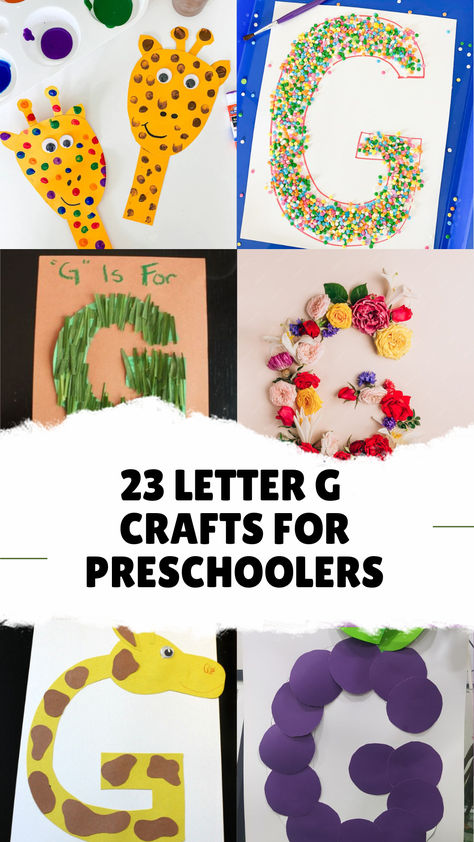 Collage of creative Letter G crafts for preschoolers, featuring activities like giraffe-themed G's, pom-pom art, floral decorations, and grape-inspired designs. Perfect for teaching the letter G in a fun and hands-on way! J Crafts For Preschoolers, Letter J Crafts For Preschoolers, Letter G Crafts For Preschoolers, Letter Y Crafts, Letter Q Crafts, Letter Z Crafts, Letter T Crafts, Letter K Crafts, Letter G Crafts