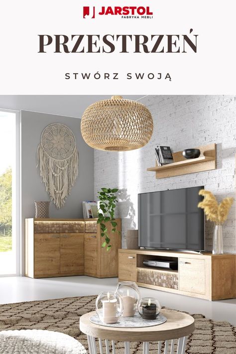 Jasne, ciepłe barwy, to propozycja na salon w stylu Boho. Plecionki, naturalne dodatki, lekkie i efektowne. Sprawdz co mamy dla Ciebie w swojej ofercie. #salon #boho #drewno #wood #natural #meble #polskie #jakość #solidność #pasja #furniture #tv #komoda #lampa #przestrzeń #design #modne #dodatki Styl Boho, Home Decor Decals, Tv, Wood, Furniture, Home Decor, Design, Home Décor