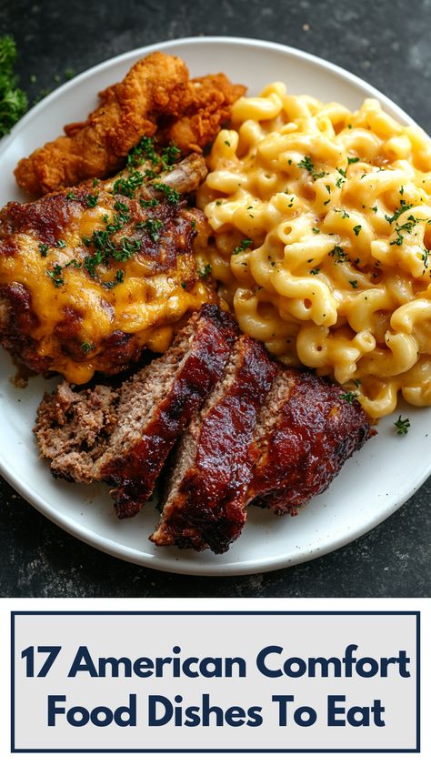 A plate of classic American comfort food featuring mac and cheese, fried chicken, and meatloaf served with savory sides. Classic Dinner Recipes Comfort Foods, American Dishes Classic, All American Recipes, Blue Collar Meals, American Dinner Ideas, American Dinner Recipes, Classic American Food, American Lunch, American Meals