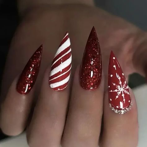 Christmas Red White Silver Glitter Stripe Snowflake Sparkle Winter Fake Nail Art Detachable Finished False Nails Press on Nails - AliExpress 66 Christmas Nails White And Red, Round Christmas Nails, Nails White And Red, Pretty Christmas Nails, Christmas Nails White, Nails Acrylic Pink, Blue Homecoming Nails, Homecoming Nails Almond, Pride Nails Designs