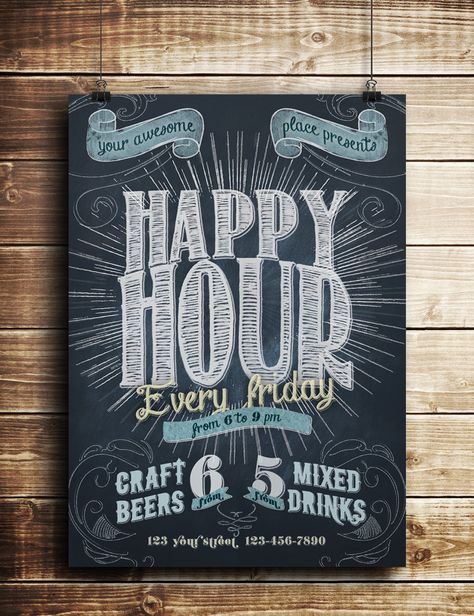 Happy Hour Chalkboard Indie Flyer on Behance Happy Hour Chalkboard, Bar Chalkboard Ideas, Chalkboard Typography, Bar Stuff, Blackboard Art, Chalk Sign, Chalkboard Lettering, Chalk Lettering, Chalkboard Designs