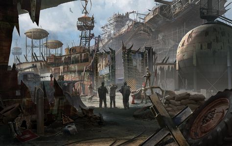 Junkyard Fortress Apocalypse Landscape Concept Art, Zombie Apocalypse Landscape, Town Concept Art, Landscape Concept Art, Chen Liang, Apocalypse Landscape, Feng Zhu, Apocalypse World, Apocalypse Aesthetic