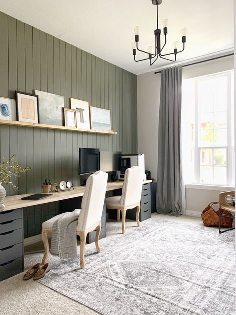 Shiplap Accent Wall Office, Office With Shiplap Wall, Basement Office Ideas No Windows, Bryan Baeumler, Bedroom Office Combo, Basement Office, Pretty Office, Office Built Ins, Shiplap Accent Wall