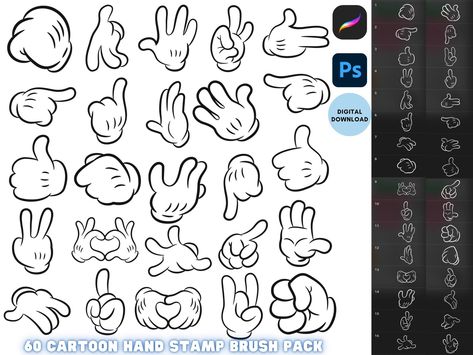 Procreate & Photoshop Retro Cartoon Glove Hand Stamp for creating cartoon characters 60 cartoon hands wearing glove in different gestures.  This is an INSTANT DOWNLOAD. No physical product will be shipped. For Procreate and Photoshop 👉*Download link will be provided in TXT** This digital download is meant for personal use only and all copyrights belong to the creator.Check my shop : https://www.etsy.com/shop/KraftbunniesCo Create Cartoon Character, Cartoon Gloves, Cartoon Hands, Photoshop Brush Set, Brush Sets, Retro Cartoon, Bundle Pack, Retro Cartoons, Cartoon Drawing