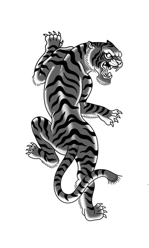 Traditional Tiger Back Tattoo, Traditional Crawling Tiger Tattoo, American Traditional Tiger Tattoo Design, Old School Tiger Tattoo Design, Classic Tiger Tattoo, American Traditional Tiger Tattoo Black, American Traditional Tattoos Tiger, Traditional Tiger Tattoo Black, Tiger American Traditional Tattoo