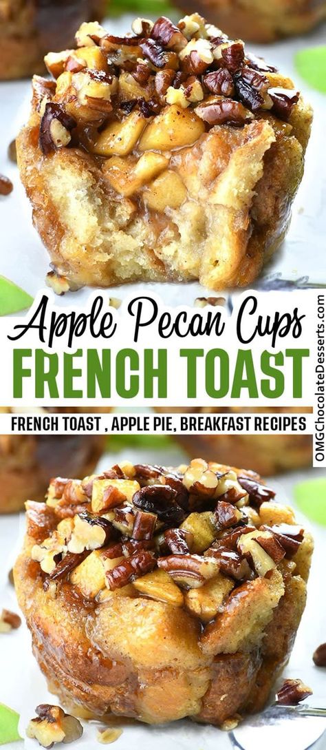 Apple Pecan French Toast Cups are all of the goodness of French toast, cut in small pieces and packed in small cups filled with sweet apple pie filling and irresistible, crunchy pecan topping. #apple #pie #french #toast #cups #breakfast Apple Pecan French Toast, Pecan Cups, French Toast Cups, Pecan French Toast, Toast Cups, French Toast Muffins, Breakfast Sweets, Delicious Breakfast Recipes, Apple Pies Filling