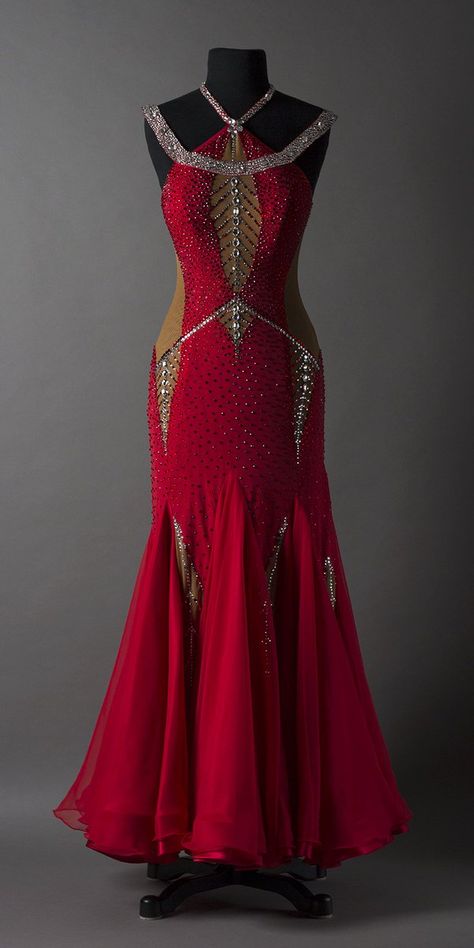 dore designs Red and silver Red And Metallic Dresses, Black And Red Dance Costumes, Red Jazz Dance Costumes, Belly Dancer Outfits Red, Ballroom Dress Pattern, Red Jazz Dance Costumes Rhinestones, Smooth Dance Dresses, Dore Designs, Dance Competition Dress