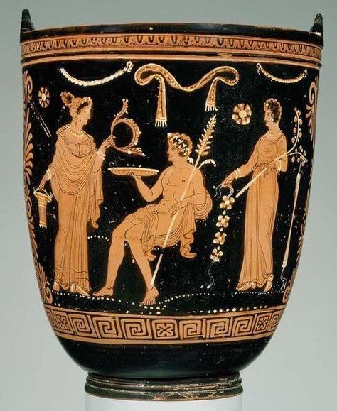 Apulian red figure situla (bucket); Greek, South Italian Late Classical Period about 350–340 B.C. Side A: Dionysos is seated on a rock or outcropping; with his left hand he rests his thyrsos on his lap and with his right holds out his kantharos; two maenads stand on either side of the god, while at the right a nude satyr has fallen asleep against a marble louterion. Museum of Fine Arts, Boston. Apulia Italy, Ancient Greek Pottery, Classical Greece, Classical Period, Greek Pottery, Greek Vases, Painted Terra Cotta Pots, Three Graces, Sculpture Painting