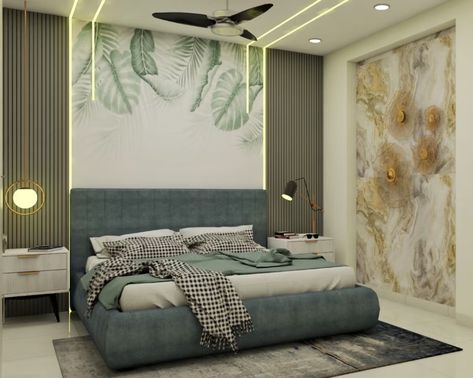 Bed With Back Paneling, Back Panelling Designs Bedrooms, Bed Headboard Wallpaper, Grey Floral Wallpaper Bedroom, Headboard Panelling Design, Master Bedrooms Paneling, Headboard Wall Panelling, Panelling Design Wall Bedroom, Bed Back Wall Panelling Design