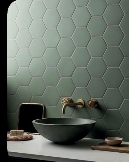 Green Hexagon Tile, Porcelain Hexagon Tile, Mandarin Stone, Kitchen Spray, Concrete Basin, Bad Inspiration, Downstairs Toilet, Jungle Green, Hexagon Tiles