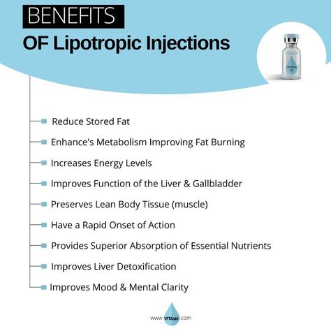 The benefits of Lipotropic injections are many. 

Head over to the VITAstir website to read the description of each in detail! Lipotropic Injections, Vitamin Injections, Vitamin B12 Injections, B12 Shots, Cell Function, B12 Injections, Iv Fluids, B12 Deficiency, Vitamin B12 Deficiency