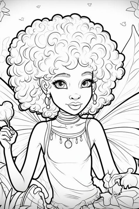 Coloring Page of Fairy Afro Coloring Pages, Coloring Pages Black Women, Concert Outfit Black Women, Fortnite Emotes, Concert Outfit Black, Kids Colouring Printables, Black Women Curly Hair, Outfit Black Women, Fashion Coloring Book