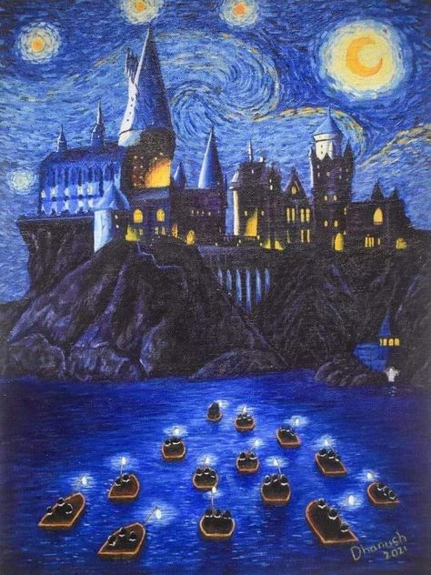 Harry Potter Starry Night, Hogwarts Starry Night, Hogwarts Painting, Beginner Painting On Canvas, How To Make Canvas, Painting On Canvas For Beginners, Canvas Painting For Beginners, Christmas Paintings On Canvas, Arte Van Gogh