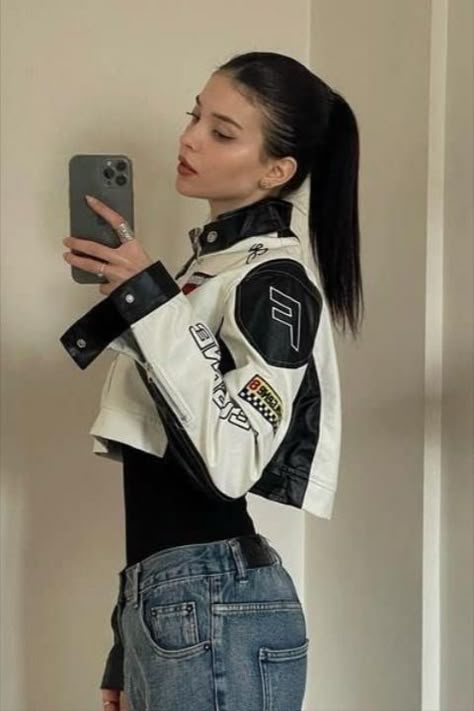 Vintage Racing Jacket, Racing Jackets, Jacket Outfit Women, Leather Jacket Outfits, Mode Casual, Tomboy Style Outfits, Tomboy Fashion, Moda Vintage, 가을 패션