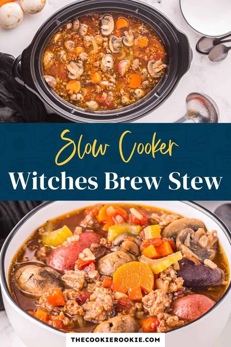 Magical Slow Cooker Witches Brew Stew, Witches Brew Beef Stew, Witch Brew Stew, Witch’s Brew Stew, Slow Cooker Witches Brew Stew, Halloween Crockpot Dinner, Witches Brew Stew Crock Pot, Crock Pot Recipes With Stew Meat, Halloween Stew Recipes