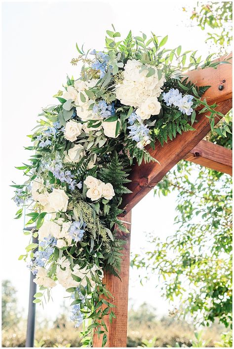 Dusty Blue Wedding Arbor Flowers, Blue Hydrangea Wedding Arbor, Flowers On Arbor For Wedding, Blue And White Flowers For Wedding, Blue And White Wedding Arbor, Blue And White Arbor Flowers, Blue And White Wedding Arch Flowers, Blue Wisteria Wedding, Blue And White Arch Wedding