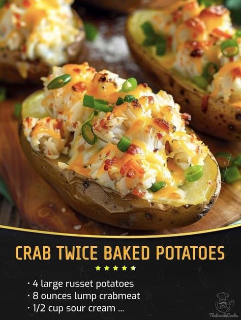 Family Cookbook Recipes | Crab Twice Baked Potatoes | Facebook Crab Stuffed Potatoes, Crab Stuffed Baked Potatoes, Baked Potato Recipes Stuffed, Lump Crabmeat Recipes, Steak Sides, Stuffed Baked Potatoes, Easy Peasy Recipes, Baked Potato Recipes, Mashed Potato Recipes