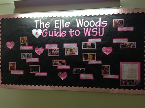 Elle Woods Bulletin Board inspired by Buzzfeed post! http://www.buzzfeed.com/kaylayandoli/25-things-legally-blonde-taught-me-about-college-cqn5#.hojxzbdRwK Life Skills Bulletin Board Ideas, Residence Life Bulletin Boards, Resident Assistant Door Decs, Blonde Flooring, High School Bulletin Boards, Ra Themes, Bulletin Boards Theme, Legally Blonde Musical, Ra Bulletins