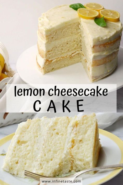 whole cake with slice missing and title in center Lemon Cheesecake Cake, Lemon Cheesecake Filling, Baking Cheesecake, Recipes Deserts, Cake With Lemon Curd, The Best Cakes, Lemon Cheesecake Recipes, Cake Cups, Dessert Oreo