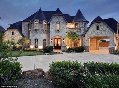 Family home: This five-bedroom home in Lewisville, Texas comes complete with a rock waterfall and slide into a backyard swimming pool, while listed for $1,599,000 I wish!!!! Landscaping House, Castle Homes, Exterior Landscaping, American Castles, Modern Castle, Castle Home, Homes Exterior, Dream Mansion, Lots Of Windows