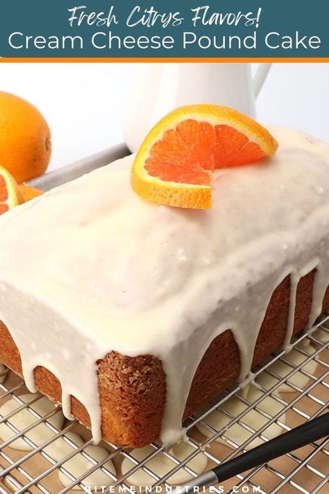 Cream cheese glaze coated orange pound cake on a cooling rack with an orange slice garnished over the top. Orange Cream Cheese Loaf, Orange Pound Cake, Orange Cream Cheese, Cheese Pound Cake, High Altitude Baking, Cream Cheese Pound Cake, Orange Glaze, Pound Cake Recipes, Orange Cake