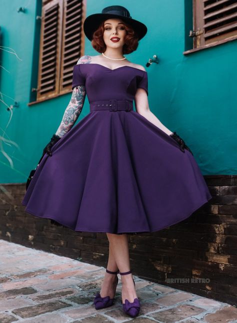 'Dee Dee' Drape Deep Purple Vintage Style Full Circle Dress - British Retro Purple 50s Dress, Purple Vintage Dress, 50s Pencil Dress, Full Circle Dress, Vintage Purple Dress, Rock N Roll Dress, Purple Clothes, The 50s Fashion, Vintage Dresses For Sale