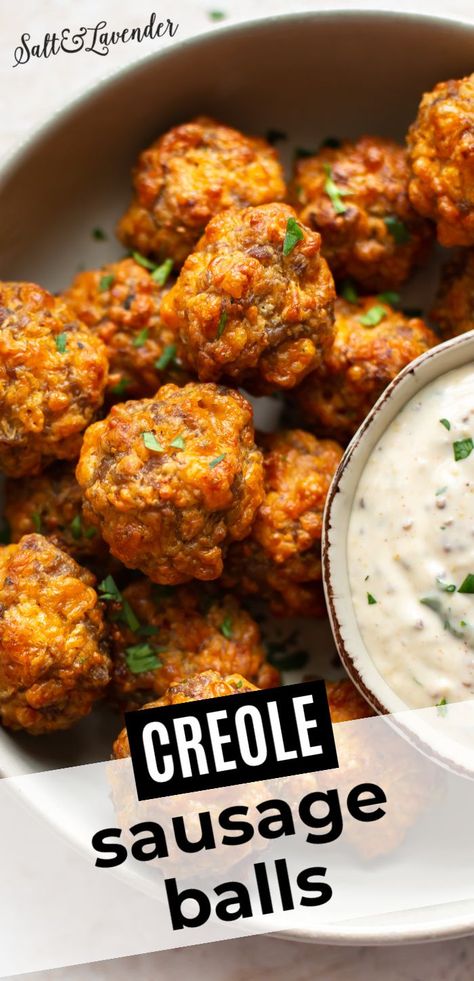 Cajun Sausage Appetizers, Cajun Sausage Balls, Cajun Hors D'oeuvres, Catfish Balls Recipe, Creole Appetizers New Orleans, New Orleans Tailgate Food, Creole Sausage Balls, Boudin Sausage Recipe Meals, New Orleans Finger Food