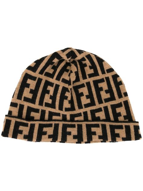 FENDI PRE-OWNED Zucca pattern knit beanie - Brown Fendi Hat, Pink Fendi, Fendi Logo Design, Fendi Store, Fendi Logo, Brown Hats, Women Fashion Edgy, Pierre Balmain, Wool Beanie