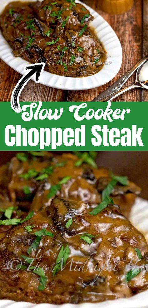 Looking for easy summer slow cooker recipes? You will love this super simple chopped steak recipe that you can make anytime. It's easy to make by just dumping the ingredients into your crock pot. It's an easy summer crockpot recipe made with pantry ingredients. Salsbury Steak Crockpot, Hamburger Crockpot Recipes, Chopped Steak Recipes, Cube Steak Crock Pot Recipes, Summer Slow Cooker, Crockpot Steak Recipes, Salisbury Steak Crockpot, Easy Skillet Dinner, Summer Crockpot