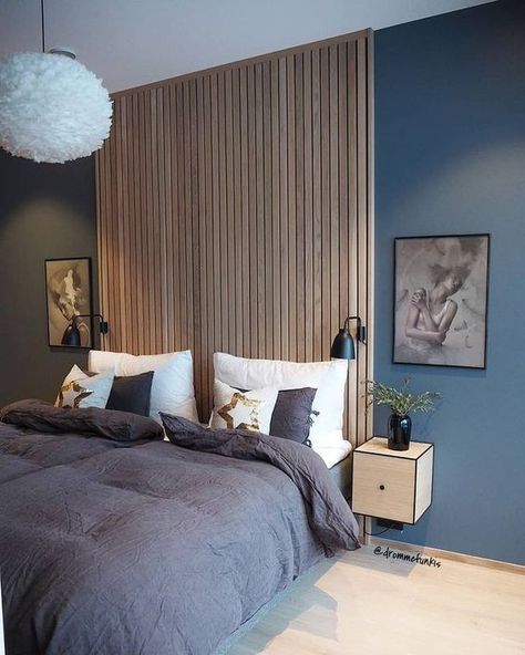 Blue Headboard, Bedroom Wall Designs, Dekorasi Kamar Tidur, Wooden Slats, Blue Bedroom, Main Bedroom, Contemporary Bedroom, Minimalist Bedroom, My New Room