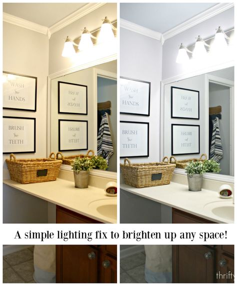 Get rid of that yellow tone with this quick change to your light bulbs. We couldn't believe the difference it made! Best Light Bulbs For Home, Choosing Light Bulbs, Best Bathroom Lighting, Bathroom Light Bulbs, Recessed Can Lights, Led Can Lights, Thrifty Decor Chick, Led House, Daylight Bulbs